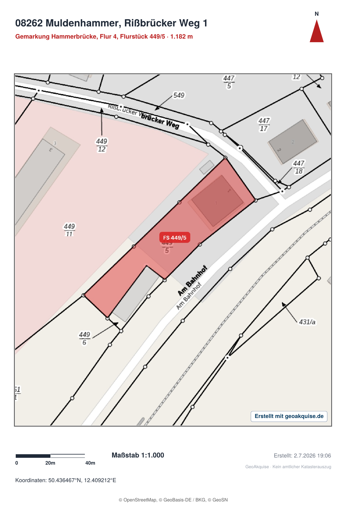 Lageplan des Grundstücks, Flurstück 449/5, erstellt mit geoakquise.de